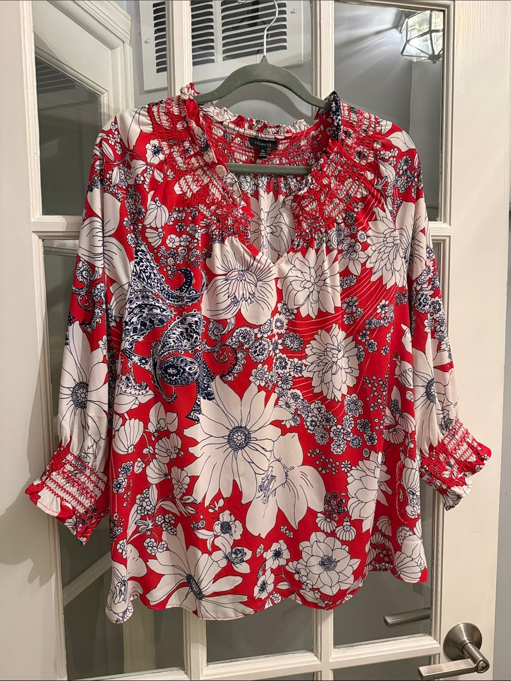 Charter Club Red Floral Smocked-Neck Peasant Blouse